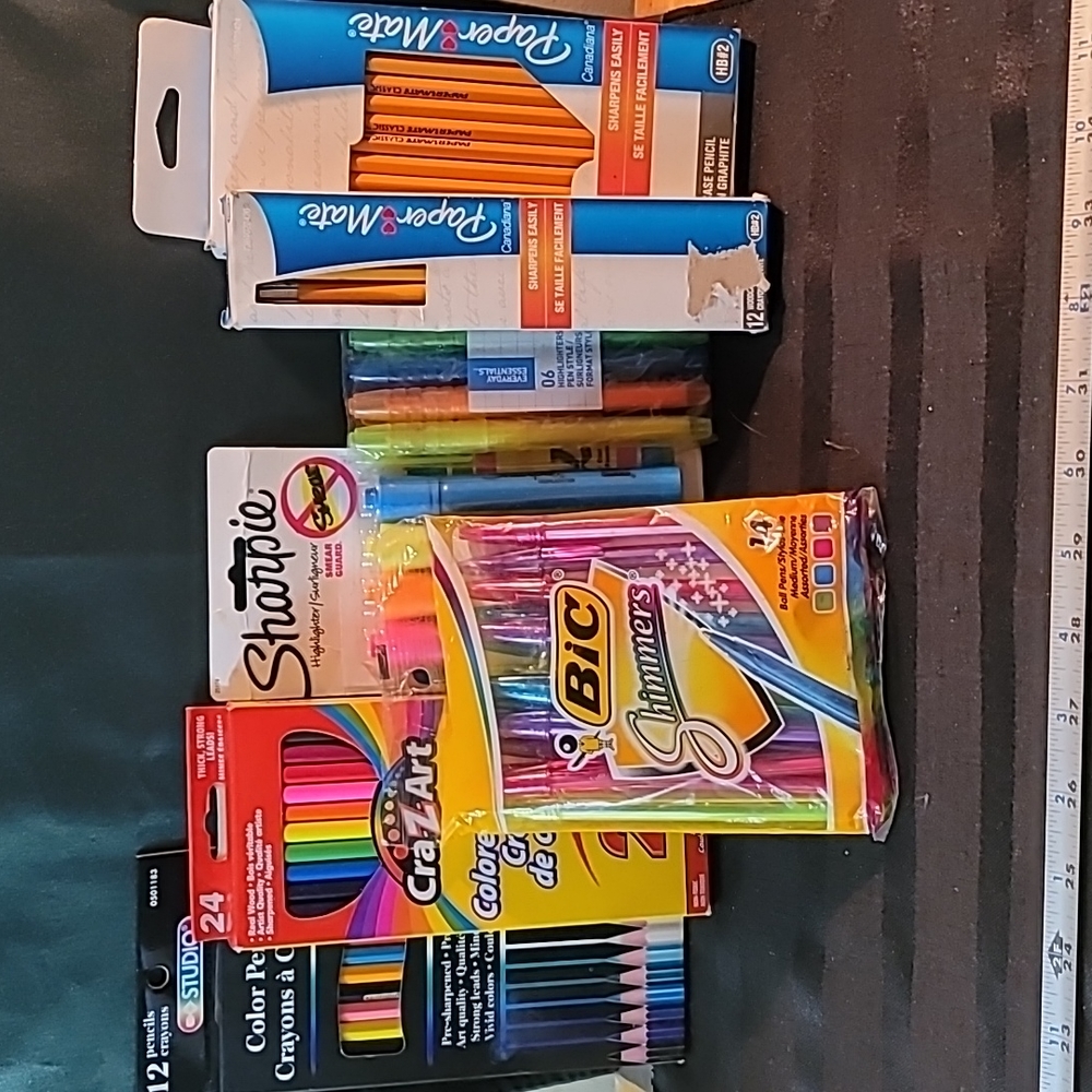 A lot of stationery w/ pencil, pencil crayons,highlighters, pens, all NWT unopen